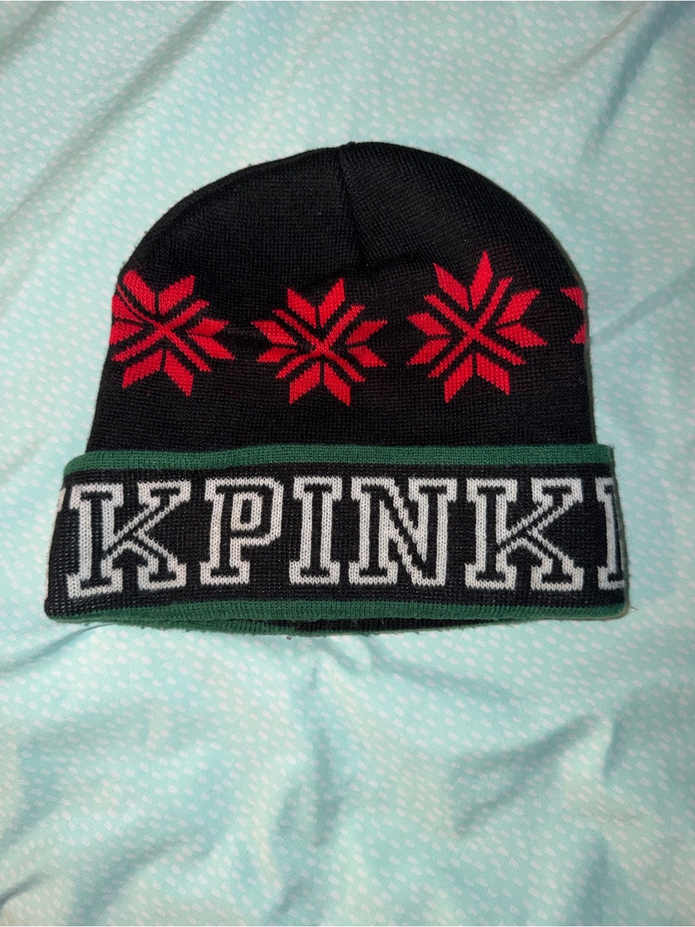 PINK Victoria's Secret Black Knit Beanie with Red Snowflake Pattern